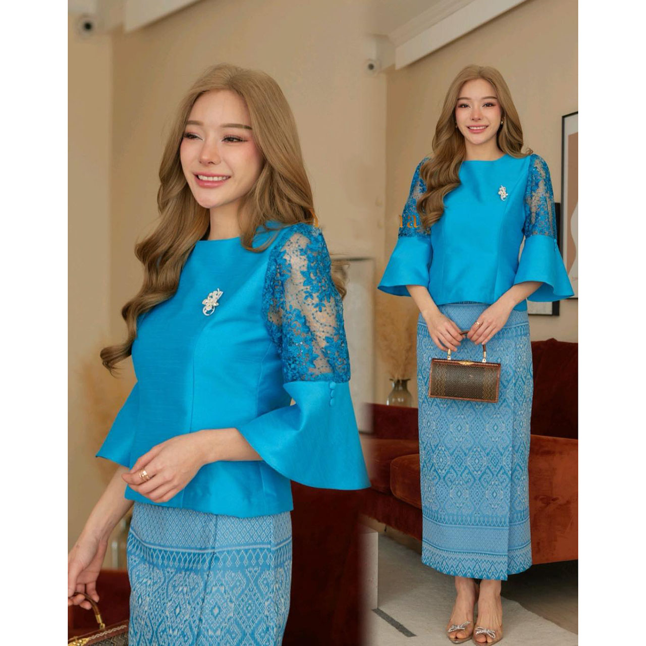 kudapy เสื้อเนื้อผ้าไหม 4 เส้นสีเขียว/สีขาว/สีเทา/สีฟ้า ลูกไม้ฝรั่งเศส สวยดูแพงซ่อนความงามแบบไทย (เฉพาะเสื้อ)