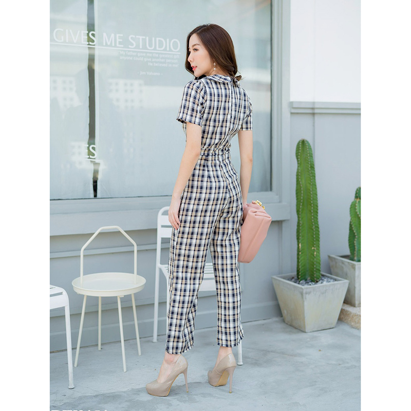 kudapy จั้มสูทขายาวคอวีสีกรม/สีชมพู/สีดำ ปกสูทขายาวลายสก๊อต