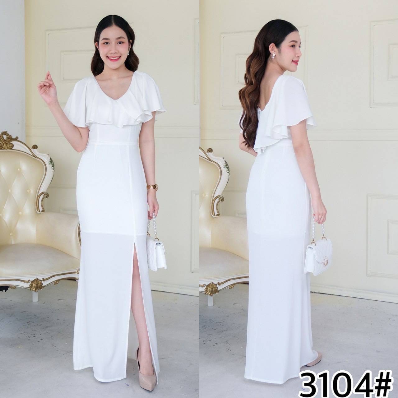 kudapy เดรสยาว คอวี คอระบายคลุมบ่า ทรงสุภาพ กระโปรงหางปลาผ่าหน้าขา ใส่ได้หลายโอกาส