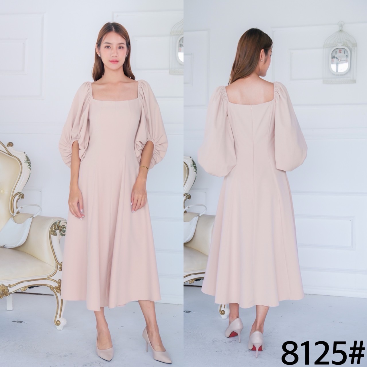 kudapy เดรสยาว คอเหลี่ยม แขนพองจีบรูด คัตติ้ง บอดี้ผ้าประกอบ8ชิ้น กระโปรงบานตีเกร็ดเอว