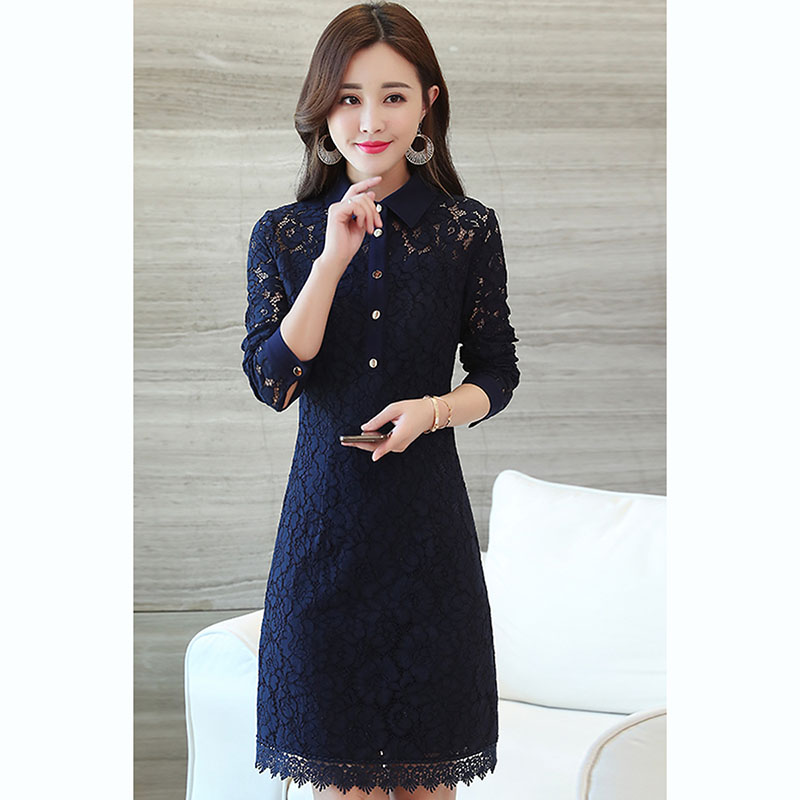 kudapy เดรสสั้นสีน้ำเงินเข้ม ผ้าลูกไม้ คอปก แขนยาว ชุดทรงปล่อย เรียบ สวย ดูดี