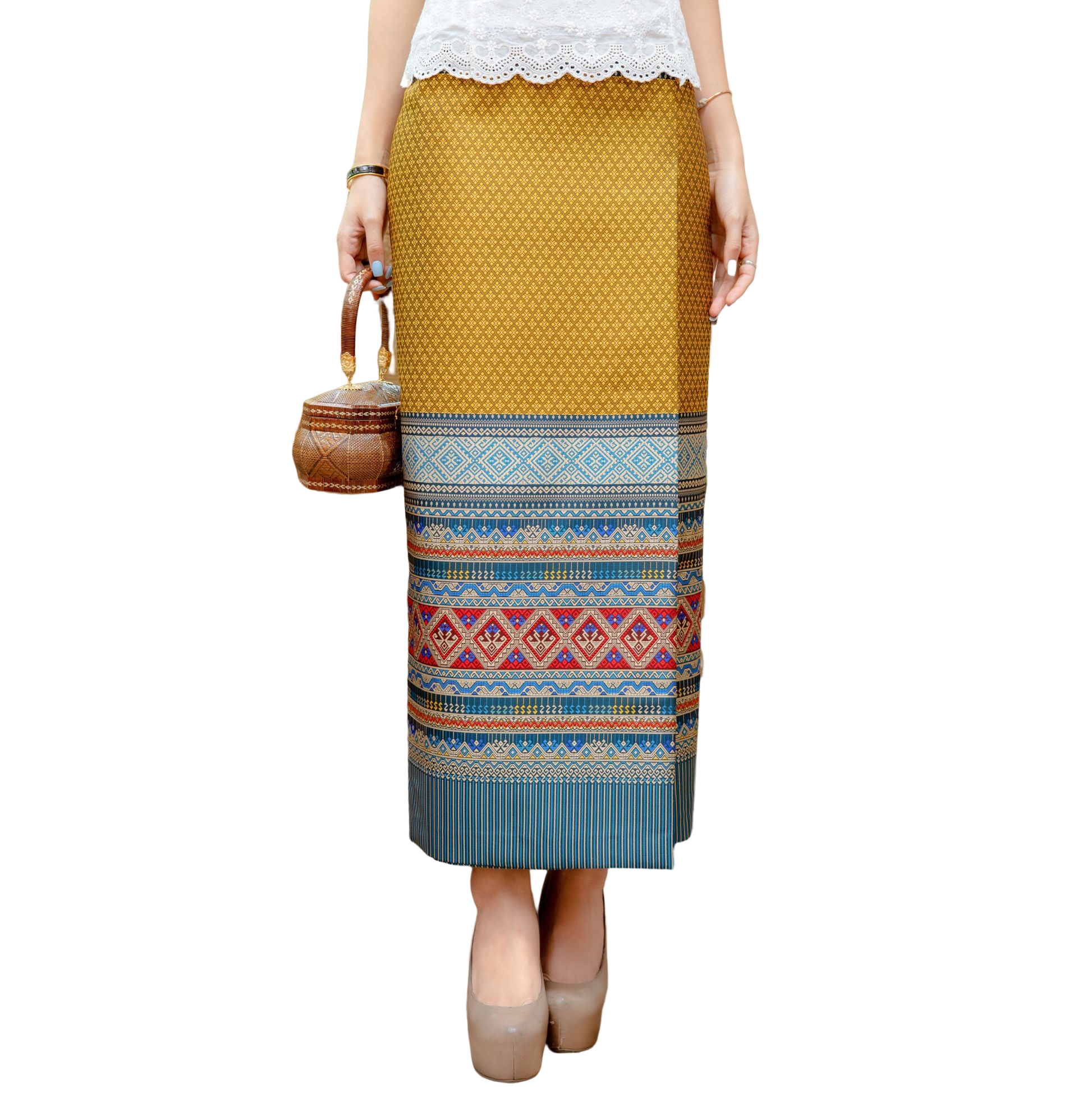 kudapy ผ้าถุงทอลายผ้าไหมอัดกาวทั้งผืน สีฟ้าน้ำเงิน,สีเหลืองเขียว,สีชมพู,สีทองกากี ผ้าซิ่นตีนจกยกดอกพิกุล เชิงหงส์หลวงทรงสวยมาก