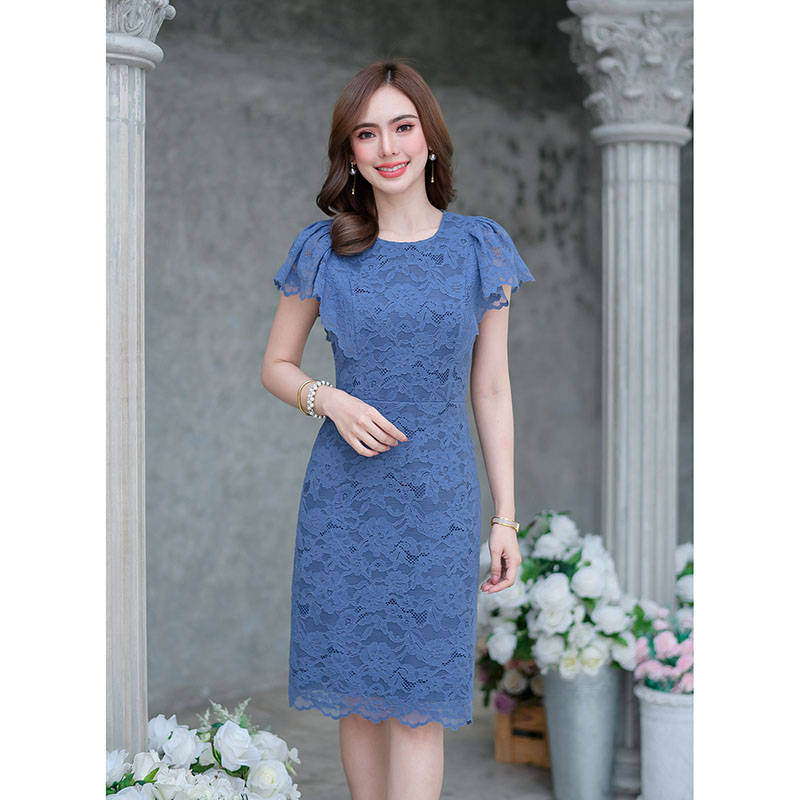 kudapy เดรสสั้นสีฟ้าคราม/สีครีม ลูกไม้แขนปีก สวยหวาน ลายลูกไม้สวย ใช้ผ้าลูกไม้อย่างดี ชุดนี้ใช้เชิงลูกไม้ทำระบายช่วงแขนและชายกระโปรง