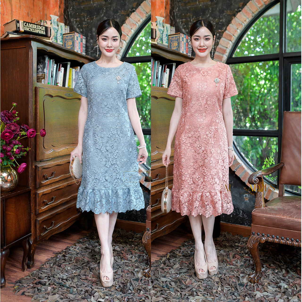 kudapy เดรสสั้นสีโอรส/สีฟ้า ลูกไม้ปาด้าคอตตอน ผ้าทอลาย แต่ด้วยเนื้อผ้าลูกไม้ทำให้ดูหรูหรา