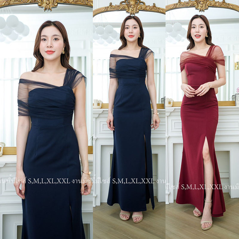 kudapy เดรสยาวสีแดง/สีกรม สไตล์เรียบหรูดูแพง ไหล่แต่งผ้าซีทรู กระโปรงยาวผ่าหน้า เหมาะสำหรับใส่เป็นชุดราตรี ชุดไปงานแต่งงาน ชุดเพื่อนเจ้าสาว