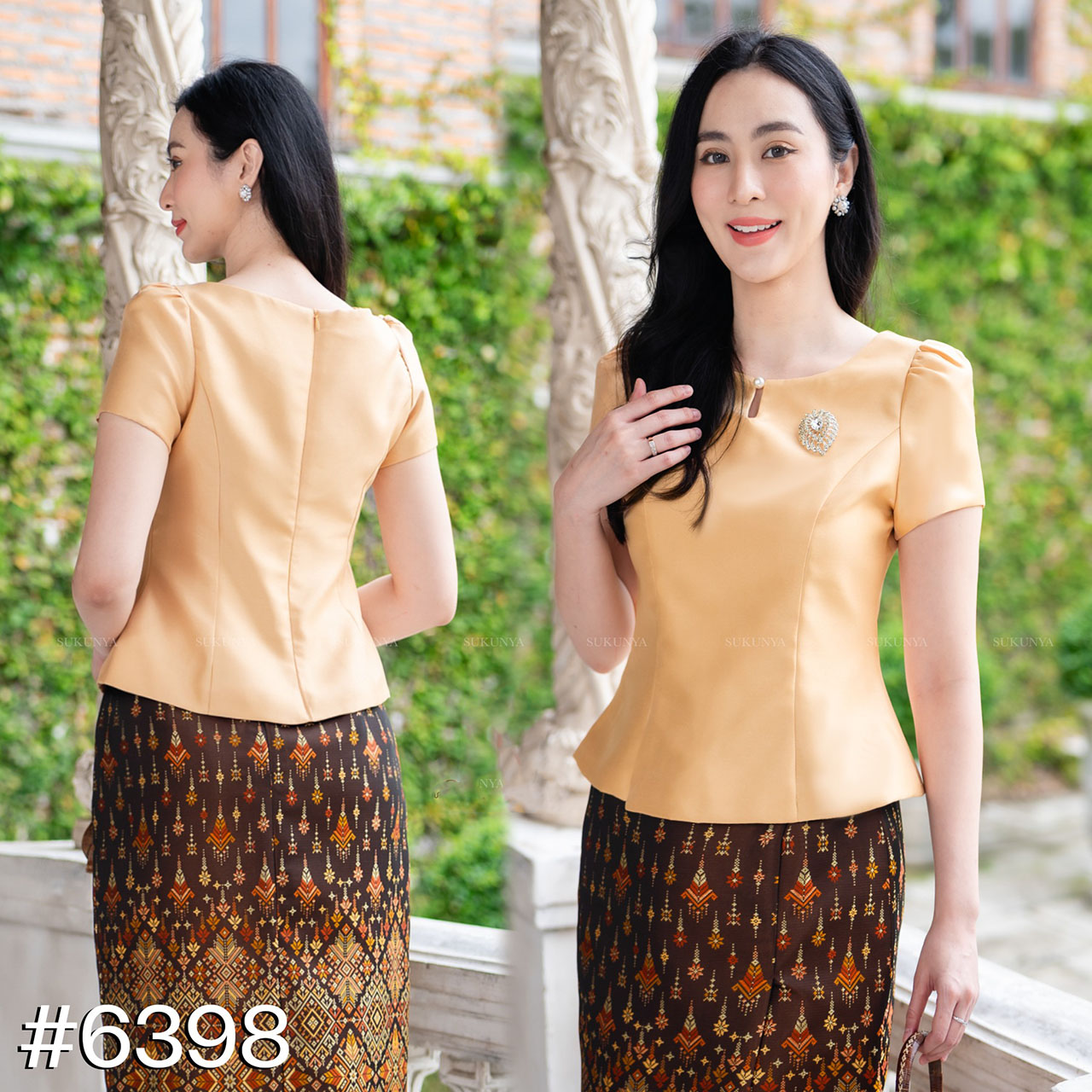 kudapy งานเสื้อผ้าไหมญี่ปุ่นสีกะปิ // ทอง // โอรส คอกลมแหวกหน้า แต่งกระดุมมุก แขนสั้นจับจีบ เอวดีด อัดกาวบุซับในอย่างดี (เฉพาะเสื้อ)