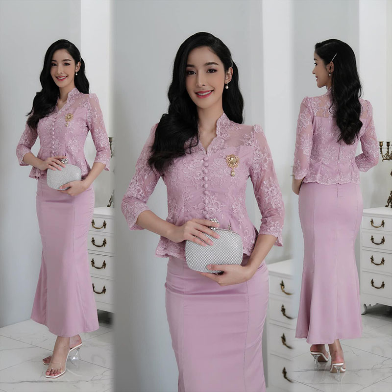 kudapy ชุด setสีครีม/สีเทา/สีชมพู เสื้อลูกไม้ทอลายดอกไม้สุดหรูแขนยาว+กระโปรงหางปลา