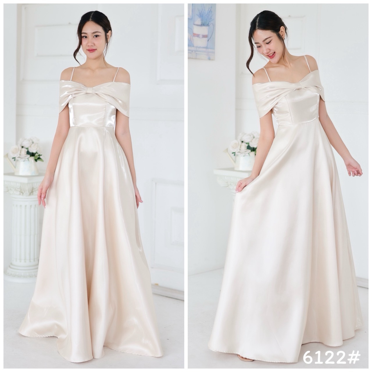 kudapy เดรสยาวเปิดบ่า กระโปรงบาน ทรงสวยเอวสูง ความยาวปิดข้อเท้า ผ้าไม่ยืด มีซับในทั้งตัว