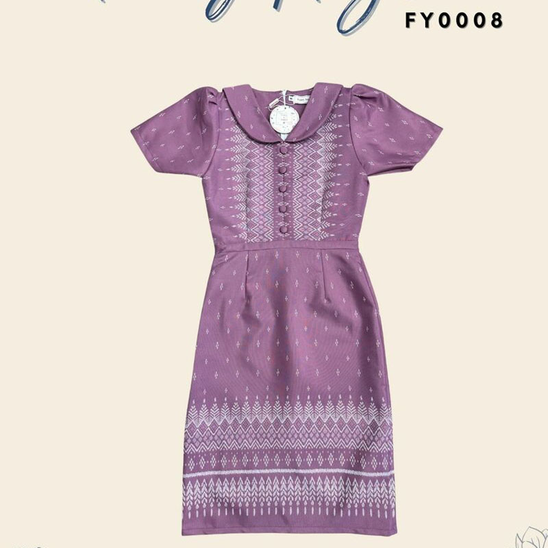 kudapy เดรสสั้นสีชมพู/สีดำ ผ้าลายไทย ทรงเข้ารูป แต่งกระดุม ใส่ออกงาน สวยดูดีเรียบร้อย