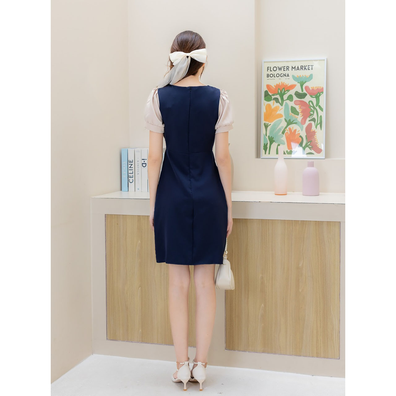 kudapy เดรสสั้นสีชมพู/สีแดง/สีกรม คอปกแขนตุ๊กตาแต่งกระดุม 3 ชิ้น