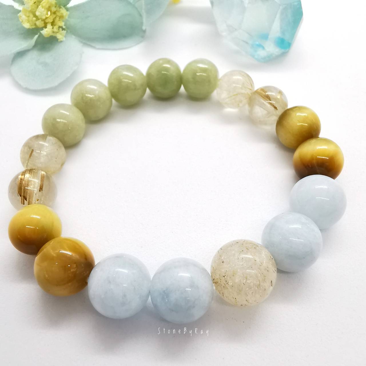 สร้อยข้อมือหินไหมหิมะ+อความารีน+หินตาเสือ+ไหมทอง+หยก