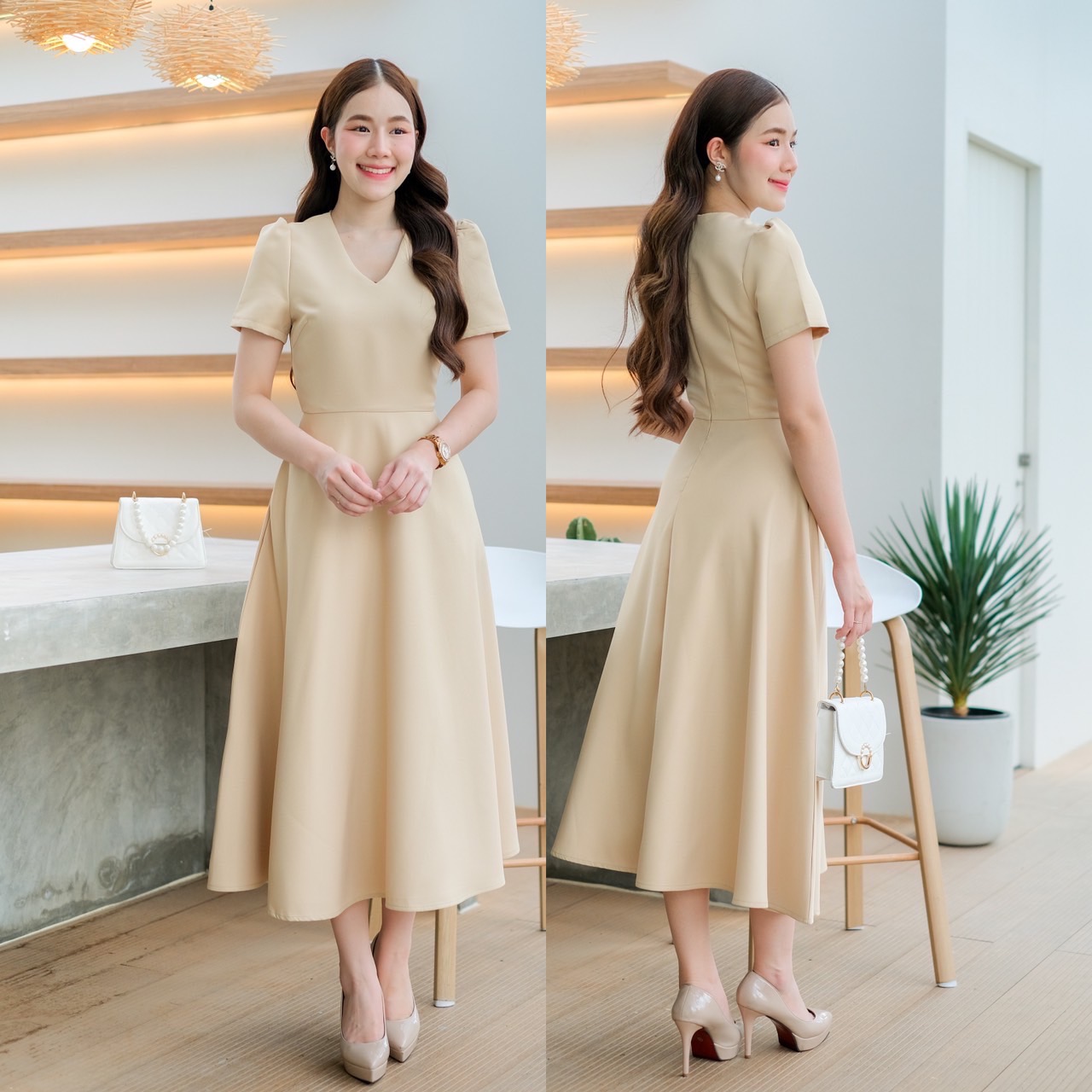 kudapy เดรสยาวสีขาว ดำ ชมพูพาสเทล ทอง แขนสั้น คอวี คัตติ้งเริศแบบอลัง เข้ารูป เก็บทรง เข้ารูป เก็บทรง ผ้าpolyester