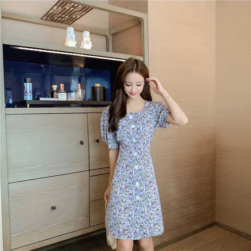 kudapy ชุดเดรสสีม่วง,สีเหลืองมัสตาร์ดใส่ทำงาน ผ้าโพลีเอสเตอร์ผสม พิมพ์ลายดอกไม้