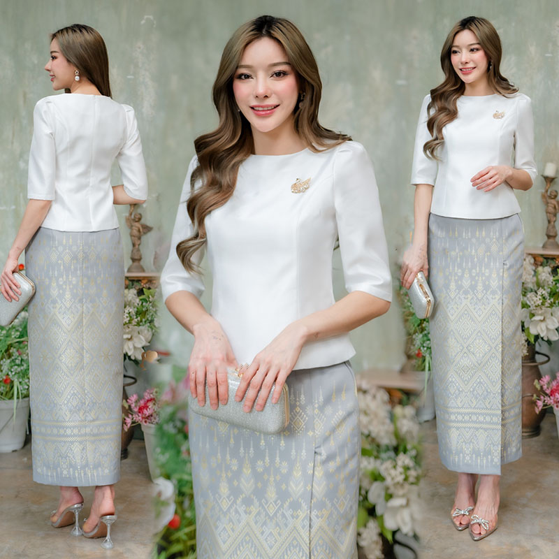 kudapy ชุดเซ็ทเสื้อ+ผ้าถุงสีแดง/สีขาว/สีเหลืองทอง/สีพิ้งค์โกลค์ ผ้าไหมญี่ปุ่นเนื้อทราย ตัวเสื้ออัดกาวทั้งตัวมีซับใน คอปาดแขนจับจีบ มีชิปหลังใส่สบาย