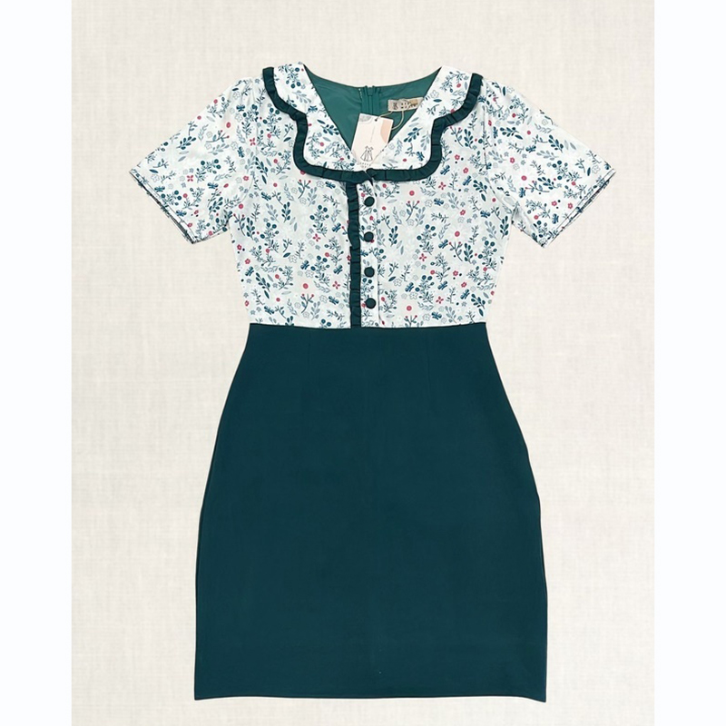 kudapy เดรสสั้นสีเขียว/สีชมพู/สีกรม คอบัวลายดอก ใส่สบายสวยดูดี