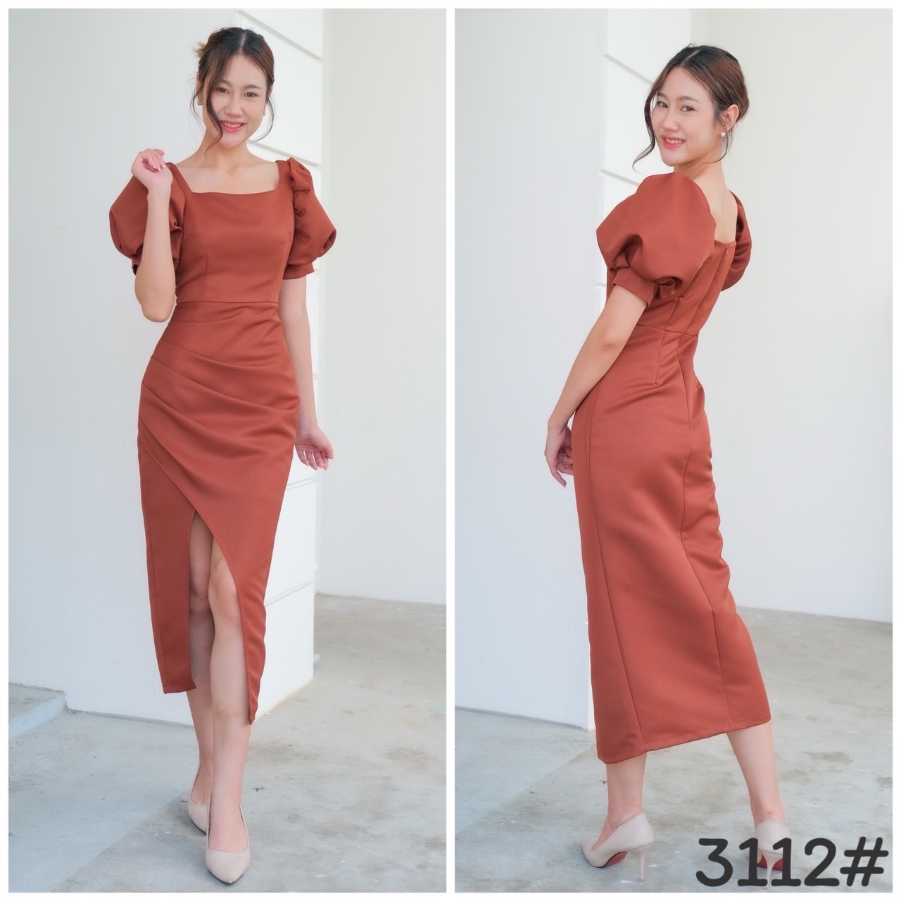 kudapy เดรสขอเหลี่ยม แขนพอง ตุ๊กตา จับจีบเอว-สะโพก กระโปรงทรงสอบ เก็บทรง ดีเทลกระโปรงป้ายผ่าข้าง