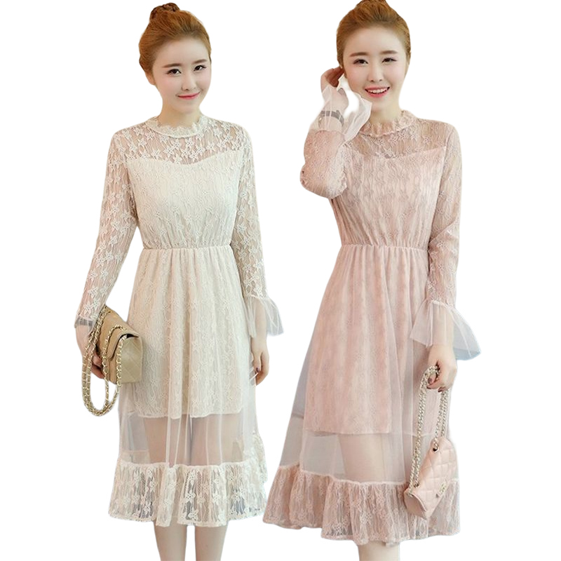 kudapy เดรสสั้นคอปีนแขนยาวสีครีม /สีชมพู เดรสลูกไม้ใส่ไปงาน แขนแต่งลูกไม้ซีทรู เอวจั้มยืดหยุ่นตามตัว