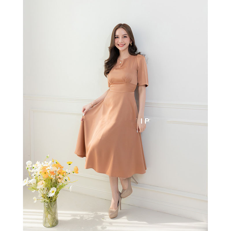 kudapy เดรสสั้นสีเขียว/สีน้ำตาล/สีฟ้า/สีชมพู กระโปรงบาน แขนสั้น ทรงรุ่นนี้ใส่แล้วสวยหวาน