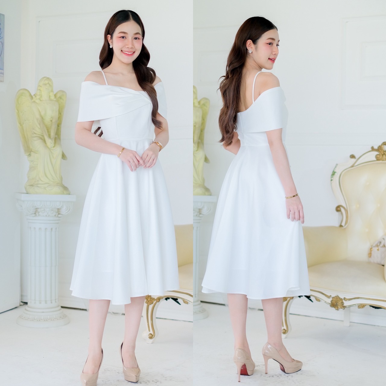 kudapy เดรสสั้นสีขาว ชมพูพาสเทล ทอง กรม เทา เปิดบ่าจับจับอก มีสายเดี่ยวกันหลุดเดรสเปิดบ่า จับจับอก มีสายเดี่ยวกันหลุด โบว์เอียง เข้ารูป เก็บทรง