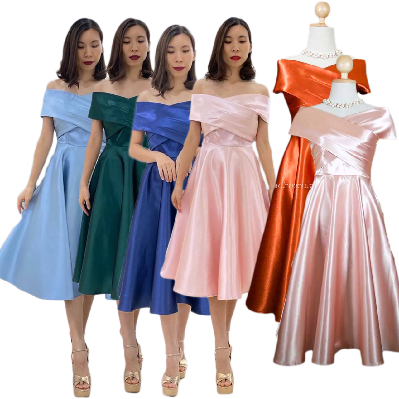 kudapy เดรสสั้นสีชมพู/สีทอง/สีฟ้า/สีเขียวเข้ม/สีส้มอิฐ/สีกรม เปิดบ่าไขว้อกใหญ่ กระโปรงบาน ซิปหลังยาว