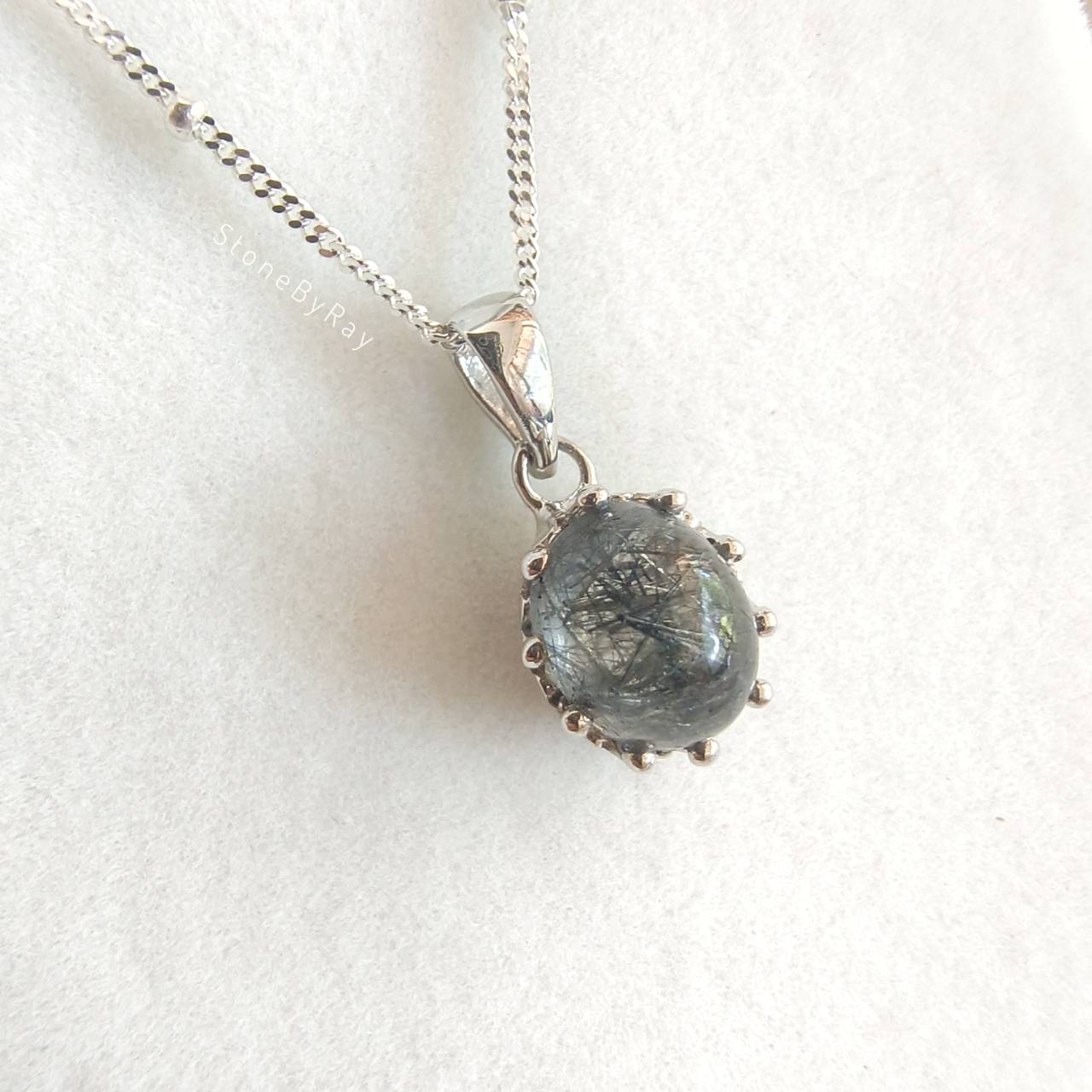สร้อยคอเงินจี้หินไหมดำ Black Tourmaline Quartz