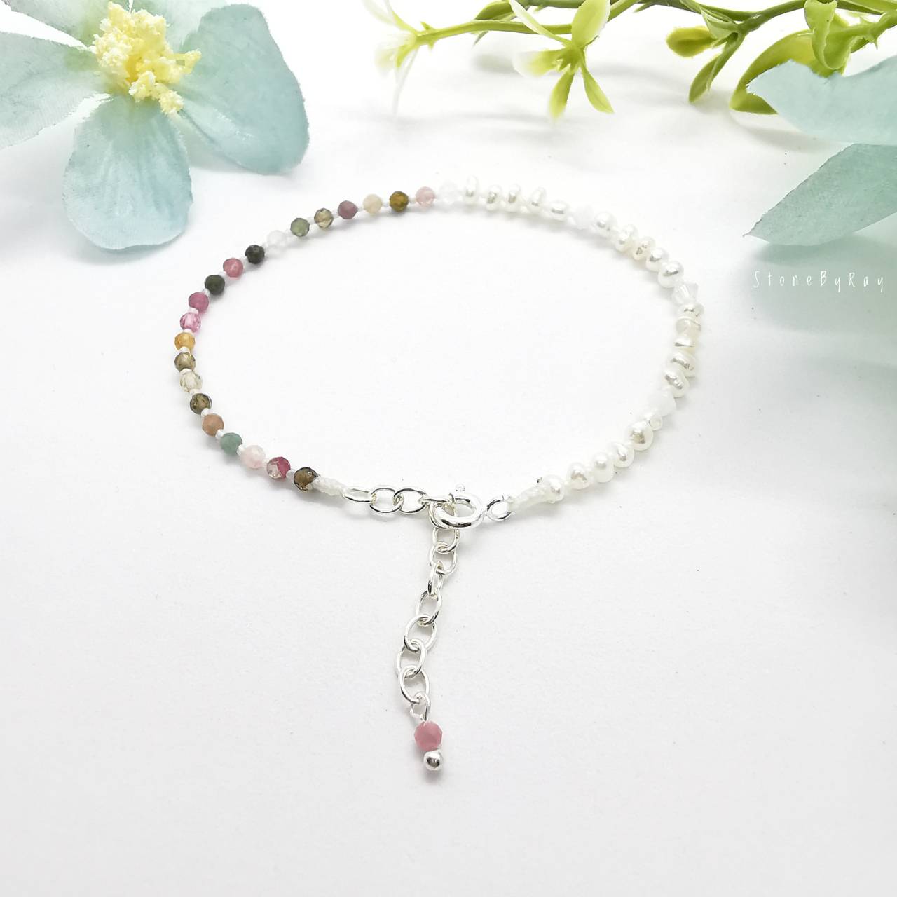 สร้อยข้อมือเงินหินทัวมาลีน+ไข่มุกแท้ Tourmaline+Pearl