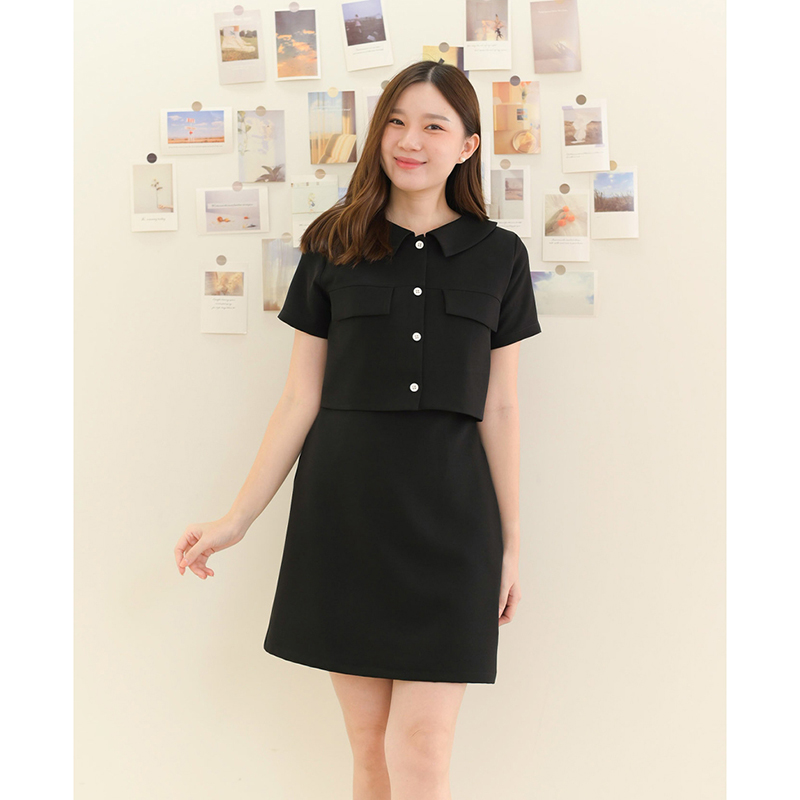 kudapy kudapy เดรสสั้นสีมัทฉะ/สีดำ/สีโอรส คอปก กระดุมอกแกะได้จริง สวยปัง