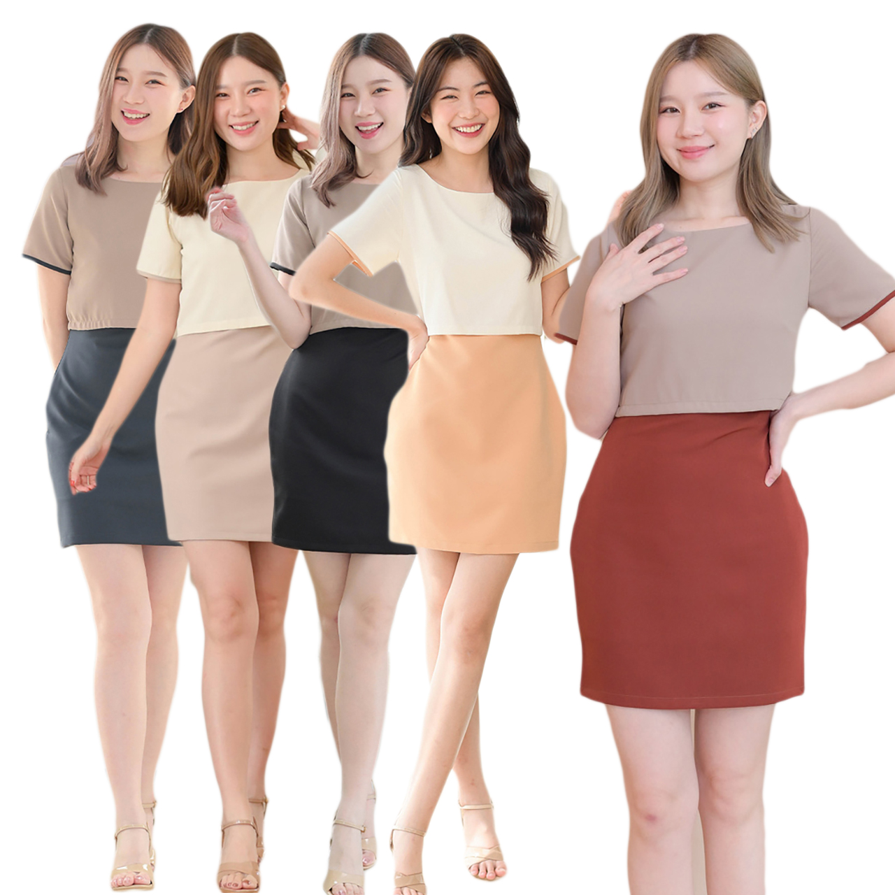 kudapy เดรสสั้นสีน้ำตาลแดง/สีเทาเข้ม/สีดำ/สีครีมเข้ม/สีเบจ ทูโทน ทรงคอปาด ช่วงกระโปรงทรงสอบ ผ่าชายด้านหลังให้เดินสะดวก