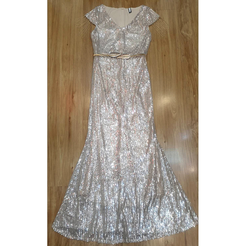 kudapy ชุดราตรียาวทรงหางปลา ผ้าปักเลื่อมสีแดง/สีครีมทอง แม๊กซี่ปักเลื่อม+เข็มขัด เลื่อมประกายแวววาวระยิบระยับสวยหรูดูแพง