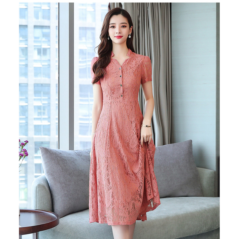 kudapy เดรสสั้นสีส้มอิฐ ผ้าลูกไม้ ยืดหยุ่นได้ แขนสั้น 2XL