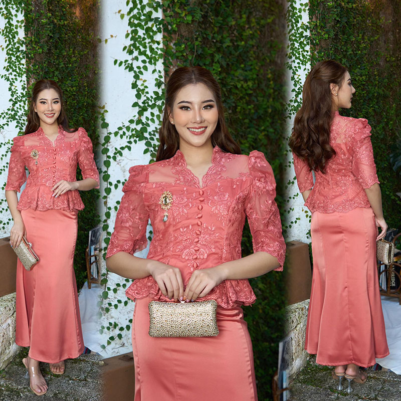 kudapy ชุด set เสื้อลูกไม้สีส้มอิฐ ทอลายดอกไม้สุดหรูแขนยาวทรงสุภาพ กระดุมหน้าเอวทวิต มีซับในทั้งตัวใส่สบายไม่คัน กระโปรงผ้าวาเลนติโน่นเนื้อนิ่ม