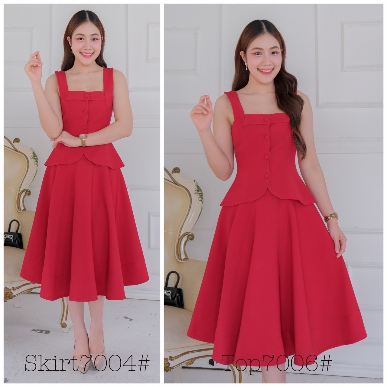 kudapy ชุดเซ็ทเสื้อแขนกุดกระดุมหน้า ชายโค้งทิวลิป คอตตอนวูลบาง อัดกาว กระโปรงทรงบานเอวสูง พริ้วสว