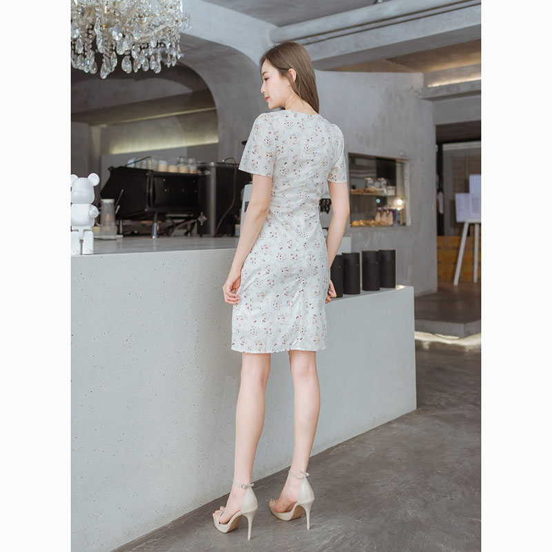 kudapy เดรสสั้นสีชมพู/สีฟ้า/สีน้ำตาล ลายดอกปกคอบัว ใส่เที่ยว ออกงานสวย ใส่สบายตัวมากๆ