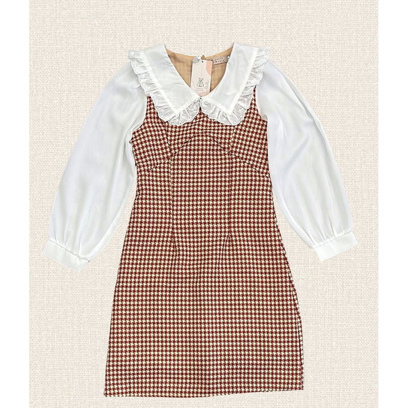 kudapy เดัส้นสีดำ/สีชมพู/สีน้ำตาล เดรสลายสก็อตแขนยาวคอปก