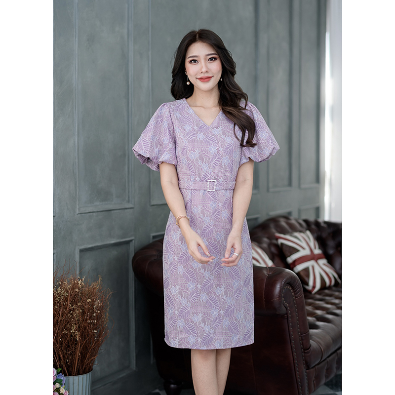 kudapy เดรสสั้นสีเขียว/สีม่วง ลูกไม้แขนสั้นบอลลูนเข็มขัดเพชร ผ้าลูกไม้ลายสวยอัดกาว เป็นแขนบอลลูนพองปลายจั้มด้านใน