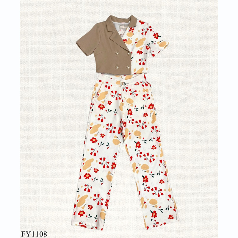 kudapy ชุดเซทเสื้อคอปกกระดูมหน้า+กางเกงขายาวลายดอกไม้สวยดูดีน่ารัก