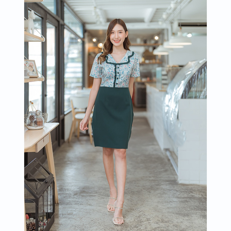 kudapy เดรสสั้นสีเขียว/สีชมพู/สีกรม คอบัวลายดอก ใส่สบายสวยดูดี