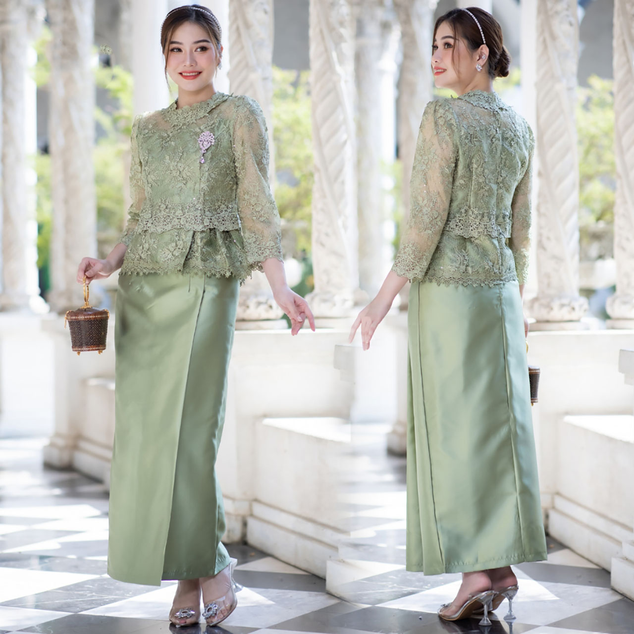 kudapy ชุดเซ็ทออกงาน ผ้าลูกไม้ใยบวบปักเลื่อม เกรดพรีเมี่ยม ดีเทลตรงเอวเวลาใส่แล้วพรางหน้าท้องดีมาก