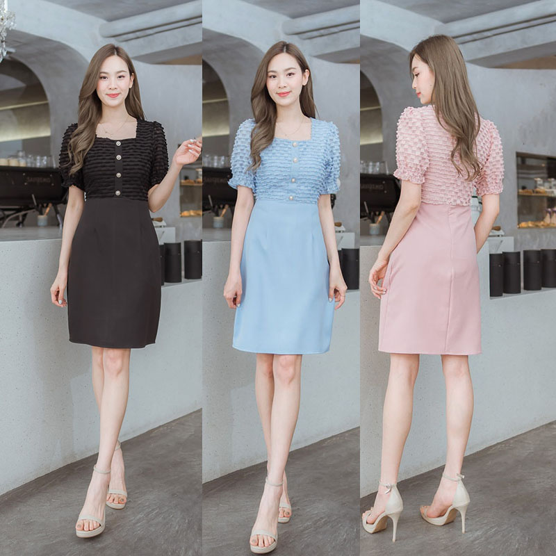 kudapy เดรสสั้นสีชมพู/สีฟ้า/สีดำ ผ้าทอแขนจั๊มแต่งกระดุม