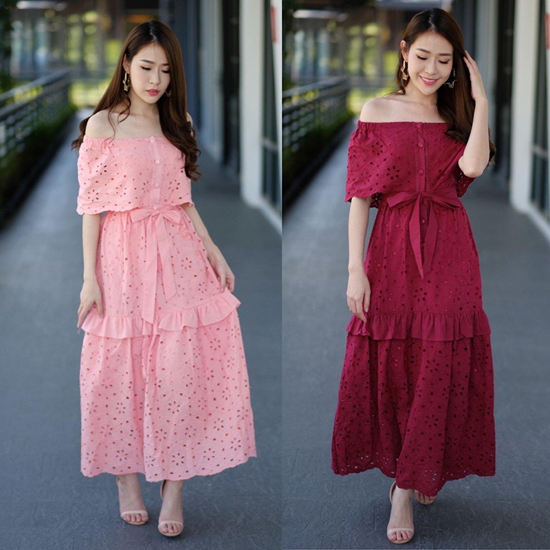 kudapy Maxi Dress ปาดไหล่ ลายลูกไม้ฉลุสีแดง สีโอรส ผ้าหนามากกก สีสวยขับผิวผ้าหนาทรงสวยเข้ารูป