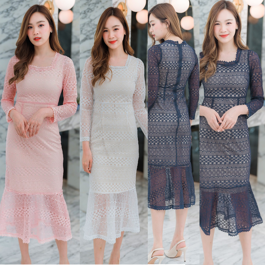 kudapy เดรสแขนยาวผ้าลูกไม้สีกรมท่า/สีขาว/สีชมพู คอตัวยู กระดปรงทรงหางปลาแต่งระบายชายประโปรง