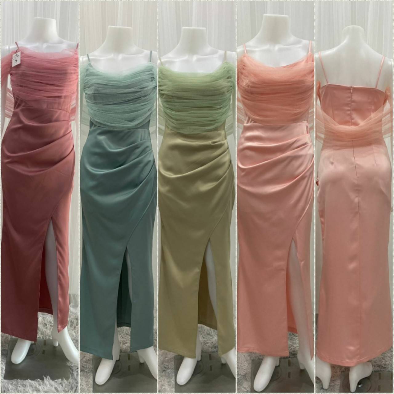 kudapy เดรสยาวออกงาน ปาดไหล่ แต่งสายเดี่ยว เดรสผ้าเครปซาตินเนื้อนิ่มลื่น S M L XL 2XL ยาว 58 นิ้ว