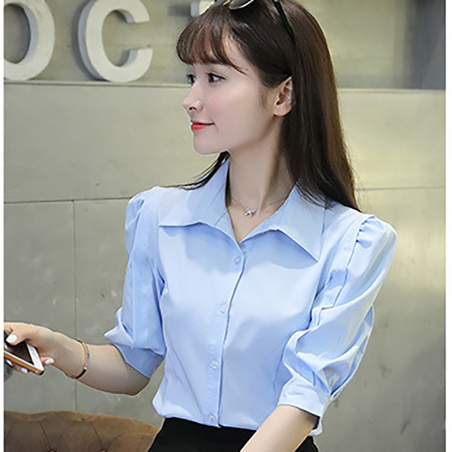 kudapy เสื้อเชิ้ตใส่ทำงานสีฟ้าคอปก แขนสั้น กระดุมหน้า