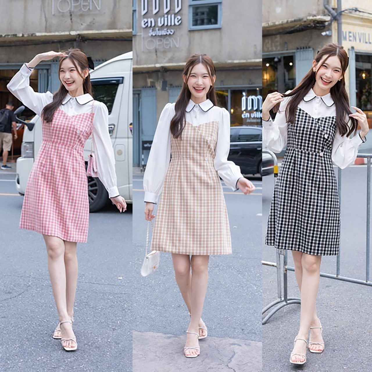 kudapy เดรสสั้นสีครีม/สีชมพู/สีดำ คอปกแขนยาวขาวผ้าทวิต
