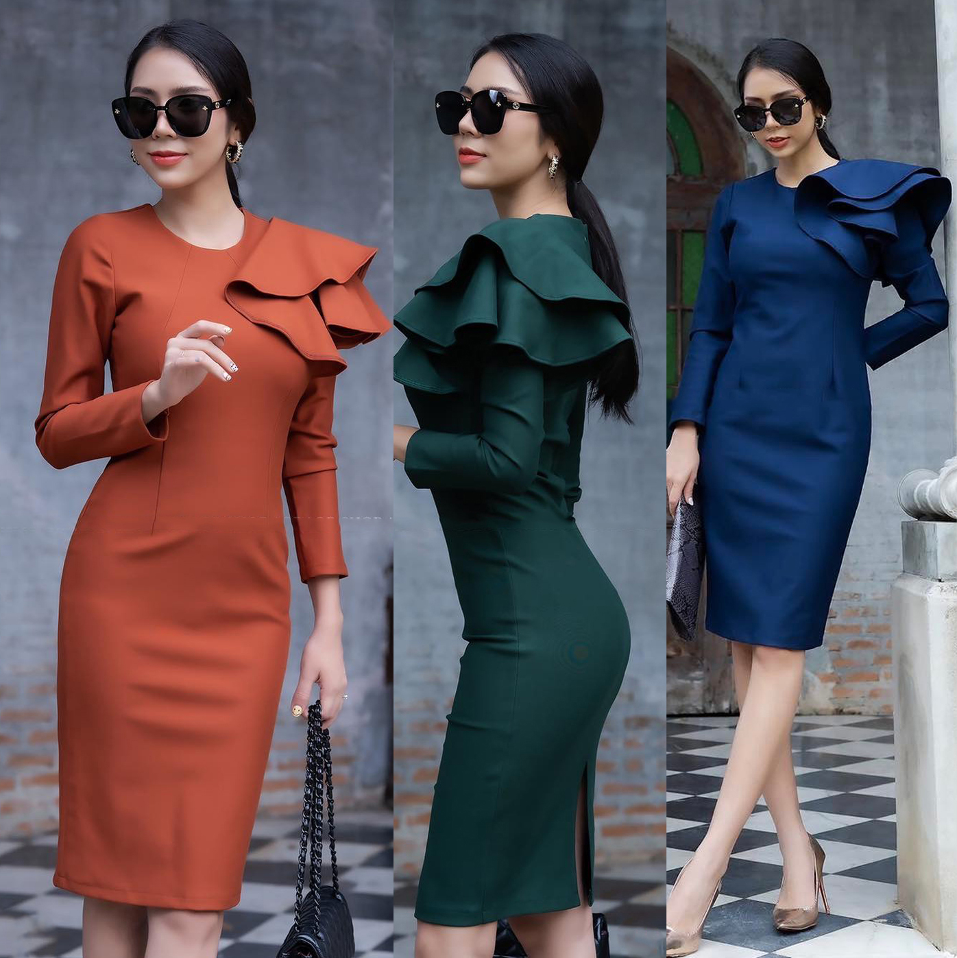 kudapy เดรสออกงานเเขนยาว 5 ส่วน ระบายไหล่จีบดอกกุหลาบสีเขียว/สีน้ำเงินกรมท่า/สีส้ม สวยปัง มากคะ ใส่ออกงาน ทำงานได้ เรียบหรูดูเเพง สาวๆ อย่าพลาดกันนะจ๊ะ
