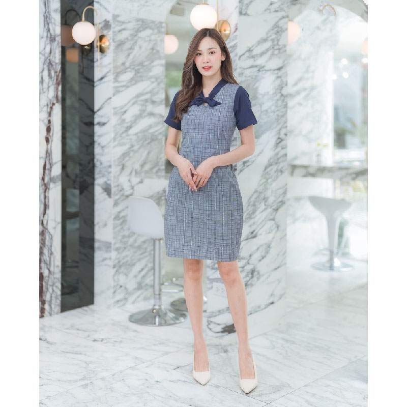 kudapy เดรสสั้นสีดำ/สีน้ำตาล/สีกรม ลายสก๊อตแขนตุ๊กตา