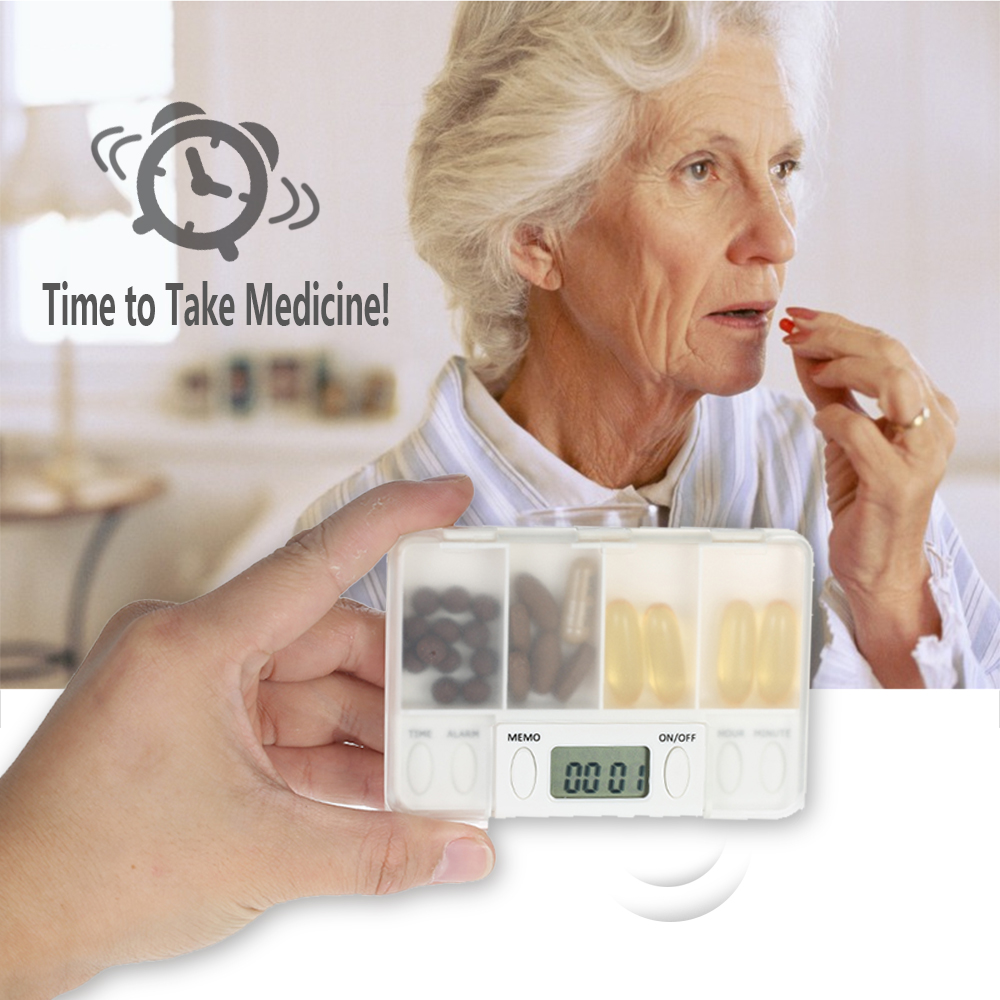 ตลับใส่ยา ตลับยา กล่องเก็บยา แบบ 4 ช่อง แบบมีเสียงปลุกเตือน Pill Box with Alarm Reminder (สีขาว)