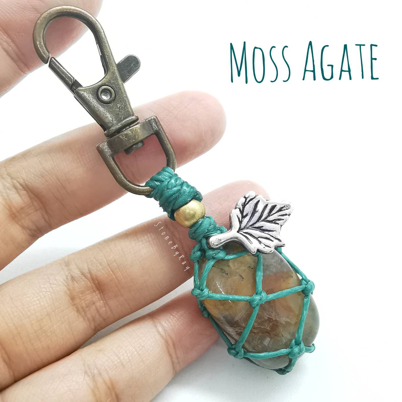 พวงกุญแจเชือกถักหินมอสอาเกต Moss Agate