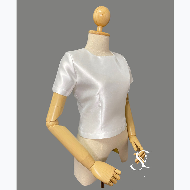 kudapy เซทเสื้อคอกลมแขนสั้นสีขาวมุข+ผ้าทอลายสีดำ งานผ้าไหมญี่ปุ่นอัดกาว ผ้าถุงสำเร็จรูป เกรดพรีเมี่ยมอัดกาว ซิปหลัง