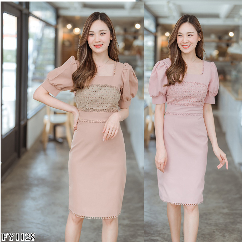 kudapy เดรสสั้นสีชมพู/สีน้ำตาล แขนตุ๊กตาชายลูกไม้ใส่สบายสวยดูดีมากๆ